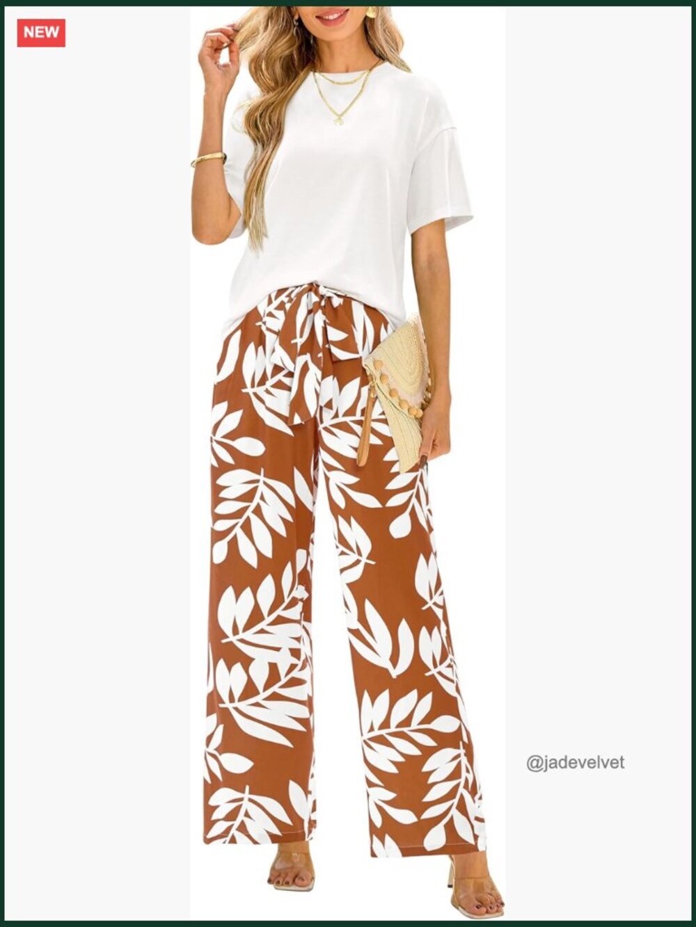Women Summer 2 Piece Outfits Short Sleeve Knit Top Floral Print Belted Wide Leg